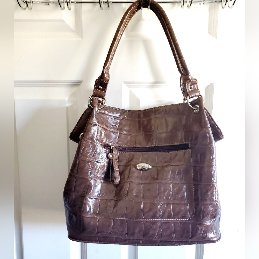 Brown Croc Embossed Shoulder Bag
